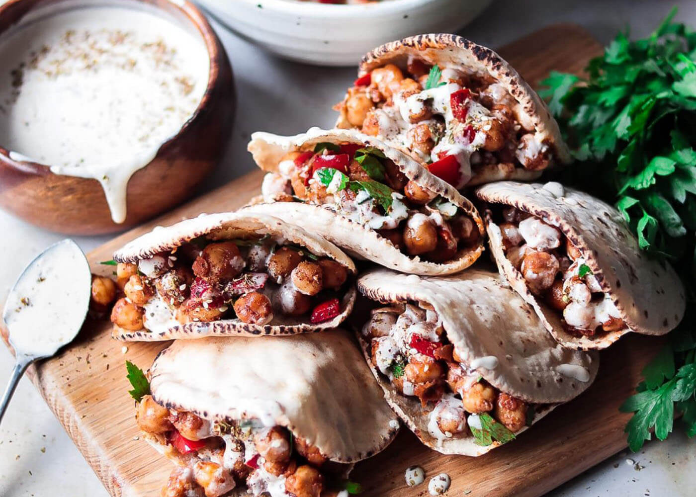Middle Eastern Pita Ideas: Chickpeas and Tahini Yogurt Sauce Pita Pocket