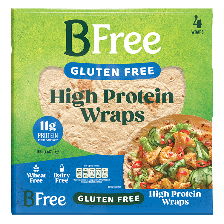Packshot of BFree gluten free high protein wraps