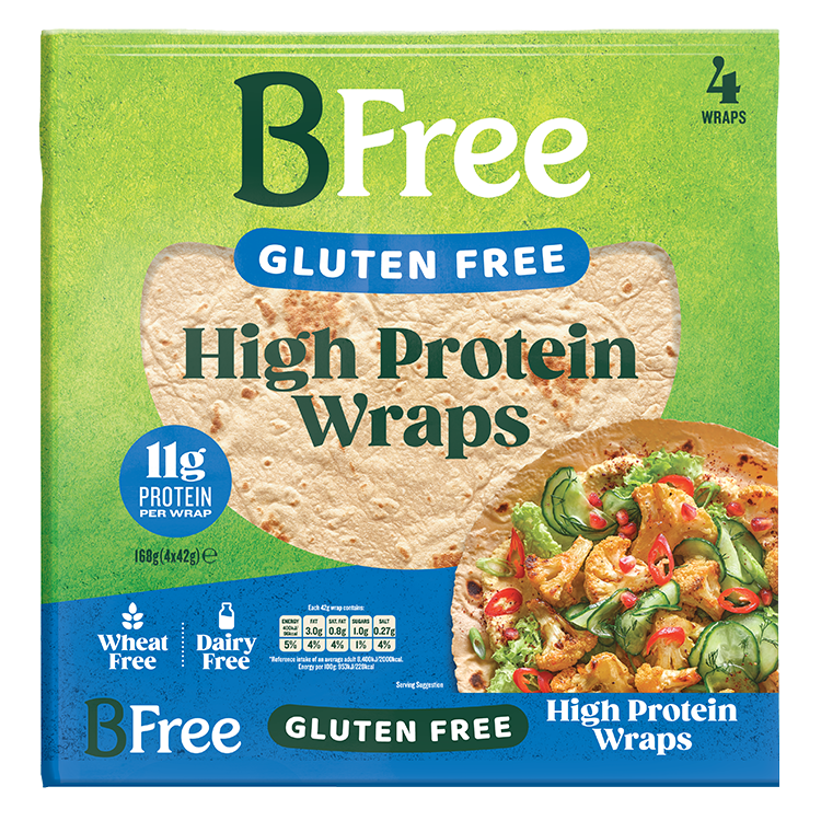 Packshot of BFree gluten free high protein wraps